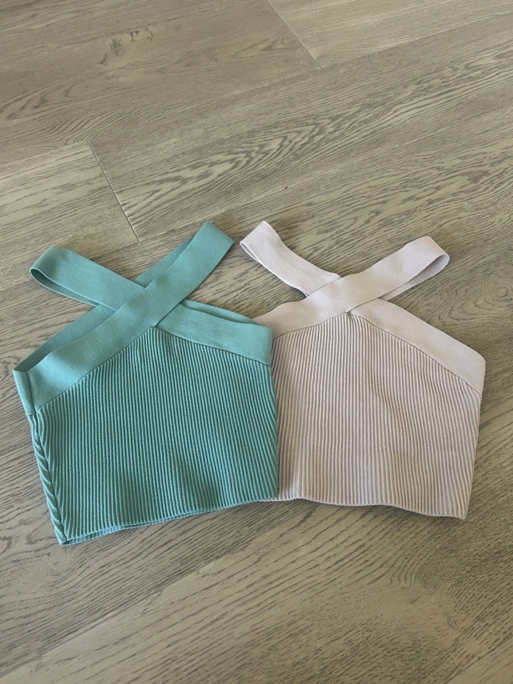 Cross-Strap Ribbed Cropped Tank - Mint & Light Beige